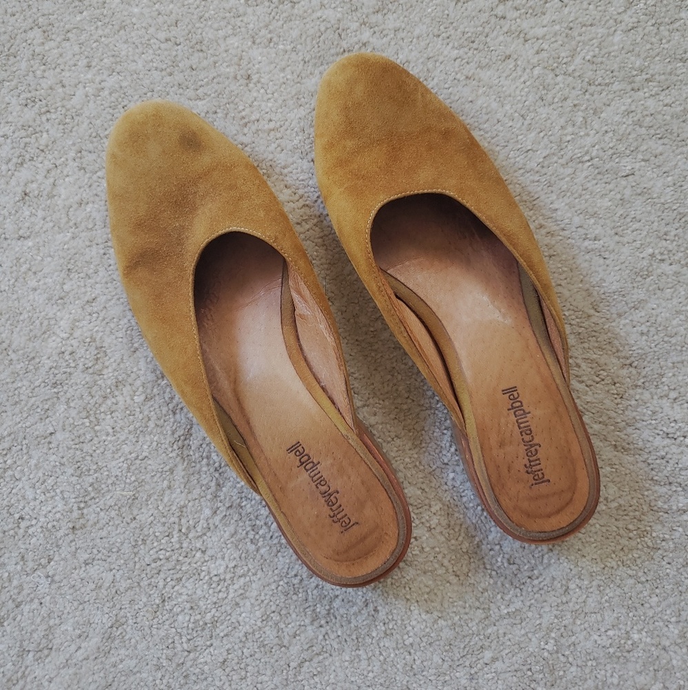 Jeffrey Campbell suede slides mule flats camel  9